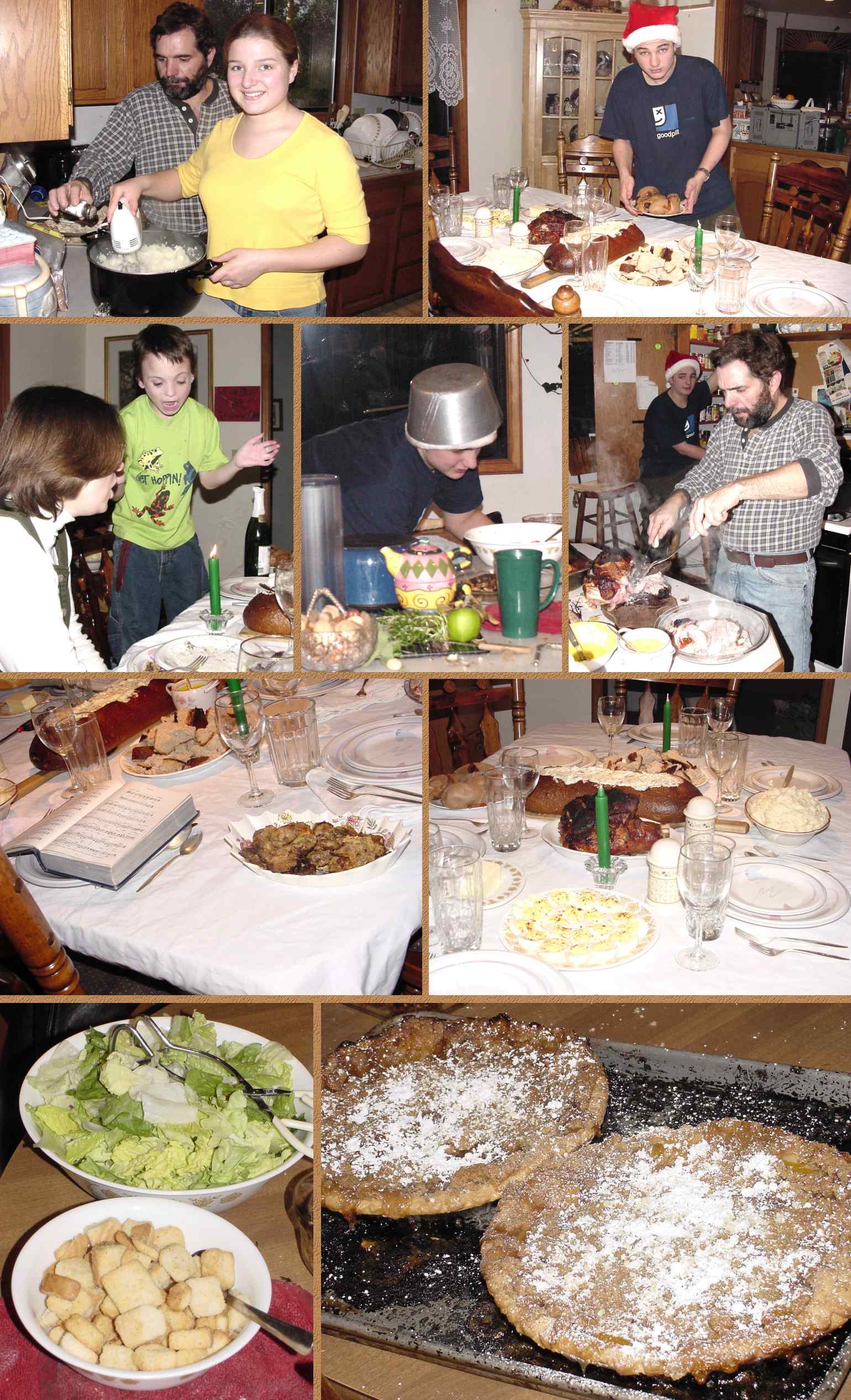 Connie and John prepare mashed potatoes and Phil sets the table.
Jan and Gio at the table whilePhil and John prepare food.
A hymn before dinner; lots of appetizers.
Salad with croutons and two pies.