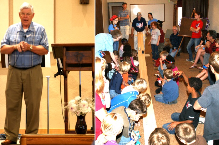 Pastor Dave Stevenson preaching
"Let's Get Our Act Together"
and model car race track for VBS - 8/8/10