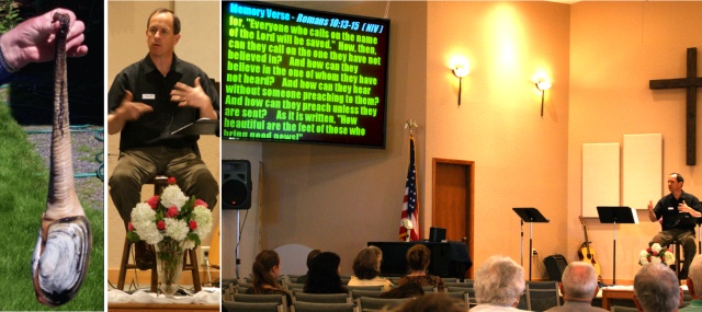 A geoduck and Pastor David preaching
"Impact of the Good News" - 5/16/10