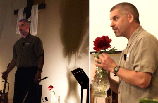 Pastor Phil Stevenson using a shadow illustration while
preaching "Stephen and His Crime" - 6/1/08