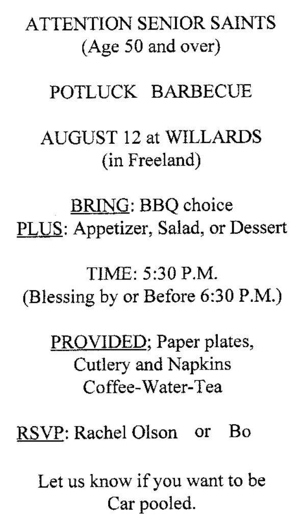 Senior Saints Potluck BBQ  - 5:30 PM 8/12/11